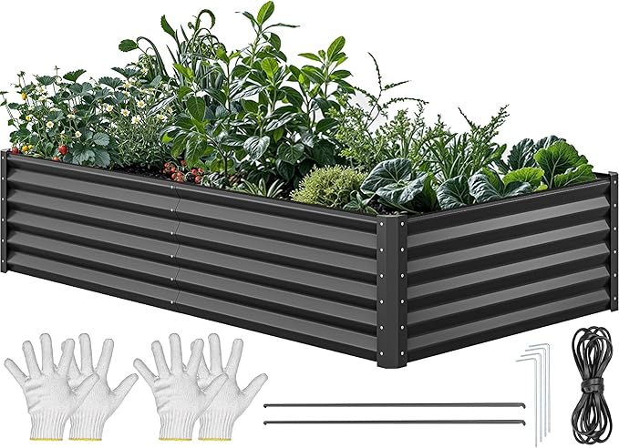 YITAHOME 8x4x1.5 ft Galvanized Raised Garden Bed Kit, Large Metal Planter Box with Gloves, Safety Rubber & Support Rod, Outdoor Flower Bed for Plants Vegetables, Green