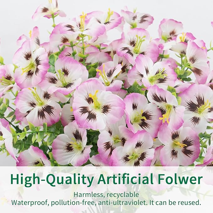 24 Bundles Artificial Pansy Flowers for Outdoor, Faux Silk Pansies Spring Flowers Outside for Planter Front Door Porch Patio Yard Window Box Home Decor (Pink)