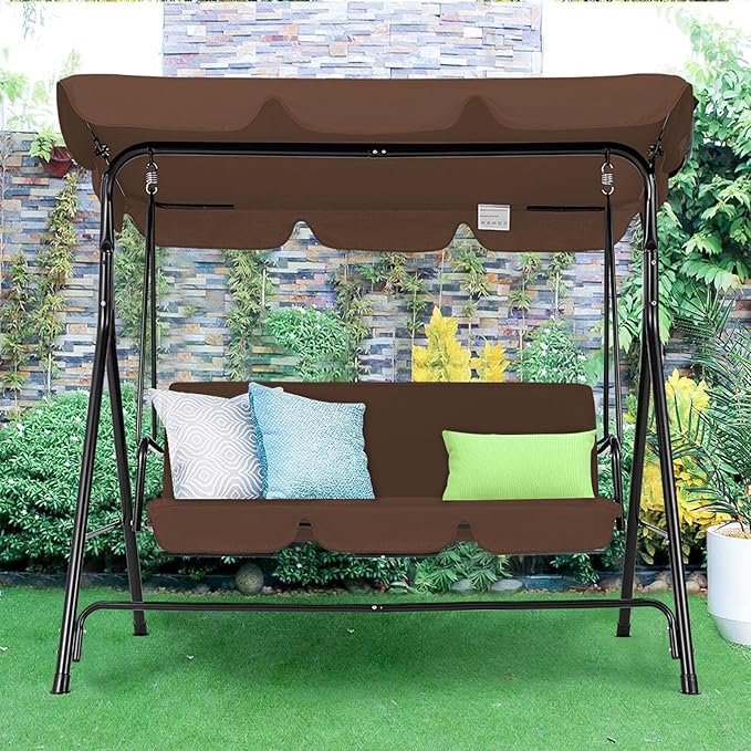 AECOJOY Porch Swing with Stand. 3-Seat Outdoor Clearance Porch Swings for Adults, Outdoor Patio Swing with Adjustable Canopy & Removable Cushion for Backyard, Garden, Yard, Poolside, Balcony (Brown)