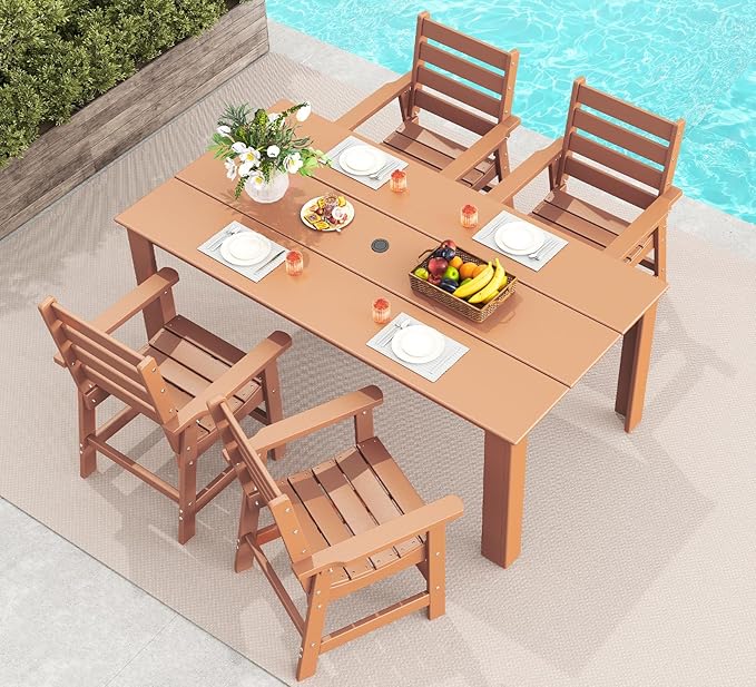 GREENVINES 5-Piece Outdoor Dining Set | HDPE | Patio Table and Chairs Sets for 4 | Patio Furniture | All Weather | Umbrella Hole | Teak | for Backyard Poolside Garden