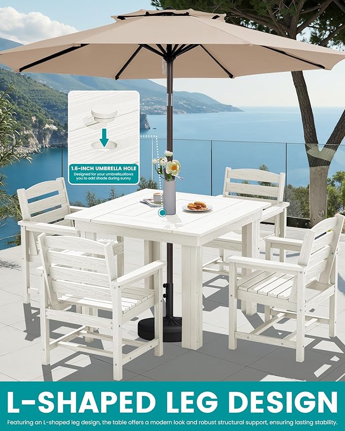SERWALL Outdoor Dining Set for 4, HDPE Square Table and Chairs Set All Weather Patio Dining Set with 4 Classic Dining Chairs, 5-Piece Patio Dining Furniture for Deck, White