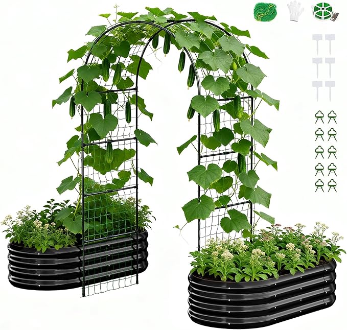 DoCred 3 in 1 Raised Garden Bed with 87in Tall Arch Trellis for Climbing Plants, Galvanized Planter Garden Box Outdoor for Gardening, Climbing Vegetables, Flower, Black