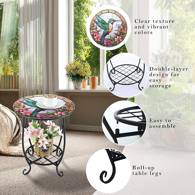 Outdoor Side Table Round Small Mosaic Patio Accent Indoor End Plant Coffee Tea Table for Yard Patio Porch Garden Living Room, Bedroom(Hummingbird Style,12 Inch)