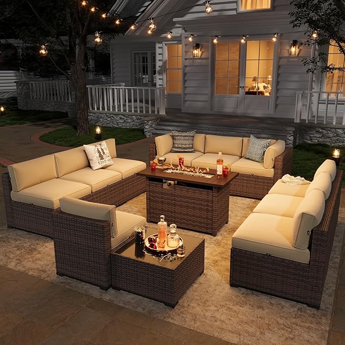 Aoxun Patio Furniture Sets, 12-Piece Outdoor Patio Furniture with 44'' Propane Gas Firepit Table, Wicker Outdoor Conversation Set Sectional Sofa for Backyard, Poolside, Garden