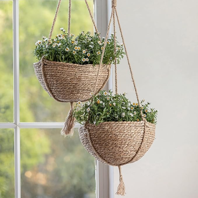 Natural Seagrass Hanging Planter Basket Set, Indoor Plant Pots, Boho Decor Plant Pot Cover, 12.4 (D) 6.3 (H) Inch, Pack 2