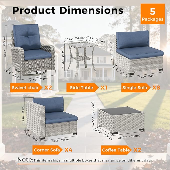 14-Seat Modern Patio Furniture Set with Swivel Rocking Chairs, Thick 4″ Cushions, Dual-Strand Wicker Rattan, Rust-Resistant Steel Frame – Outdoor Conversation & Modular Sectional,Navy