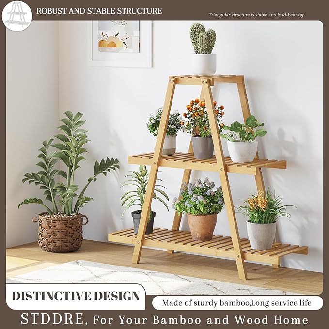 Plant Stand For Indoor Outdoor Tiered Plant Shelf 3 Tier 8 Potted Bamboo Flower Holder Ladder Rack For Multiple Triangle Table Plant Pot Stand (Natural)