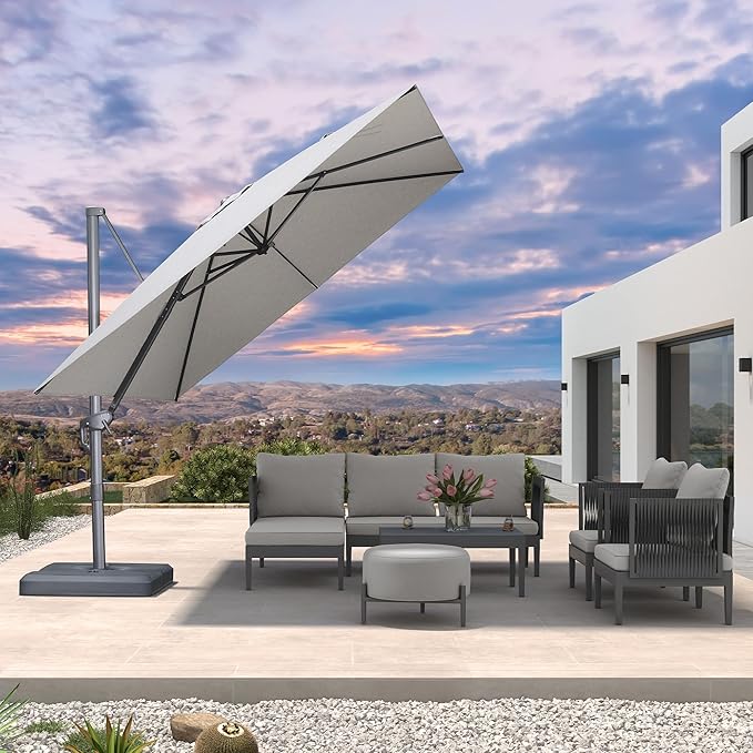 PURPLE LEAF Patio Umbrella 10' X 10' Rectangle Cantilever Umbrella Large Aluminum Outdoor Umbrellas with 360-degree Rotation & UPF40+ Premium Fabric for Deck Pool Garden Yard, Pebble Grey
