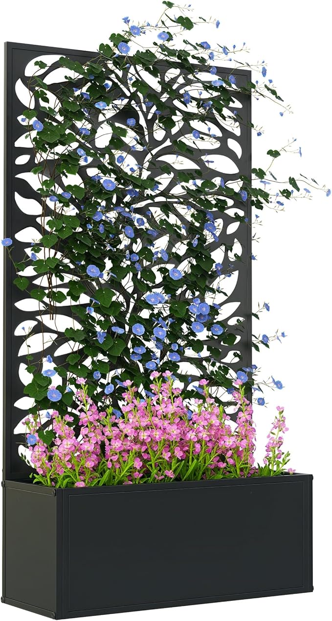 Outsunny Metal Raised Garden Bed with Trellis for Climbing Plants, Freestanding or Wall Mounted Flower Bed with Privacy Panel, Leaves Cut-Outs Outdoor Planter Box for Garden, Patio, Balcony