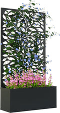 Outsunny Metal Raised Garden Bed with Trellis for Climbing Plants, Freestanding or Wall Mounted Flower Bed with Privacy Panel, Leaves Cut-Outs Outdoor Planter Box for Garden, Patio, Balcony