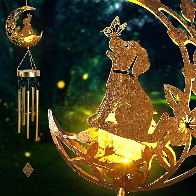 Moon Dog Wind Chime Outdoor, Handcrafted Metal Garden Wind Chimes with Dog & Moon Charms, Soothing Wind Bells for Patio Porch Decor, Weatherproof Gift for Lovers & Pet Owners