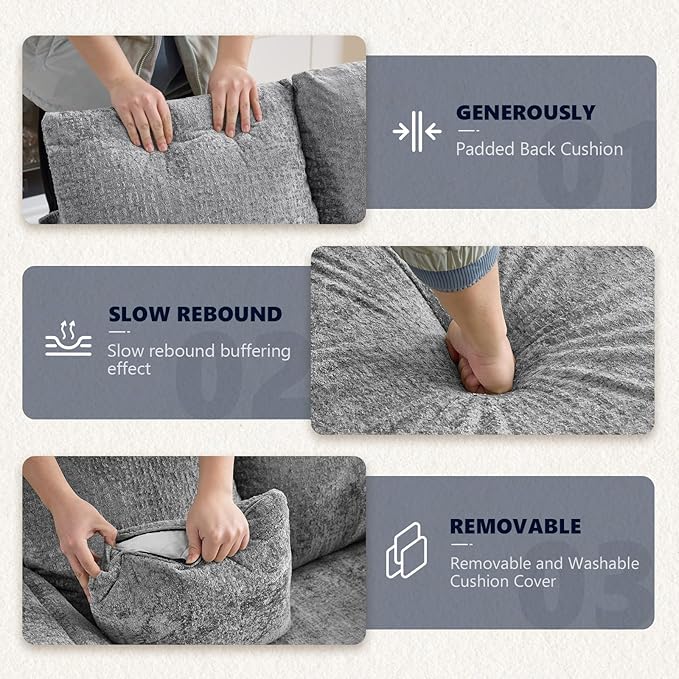 VINGLI Modern Floating Chaise Lounge Chair with Acrylic Legs, Upholstered Cushion Deep Seat Lounge Sofa with Iron-Wood KD Frame, Pillow Armrest, Accent Chair for Living Room, Play Room Apartment