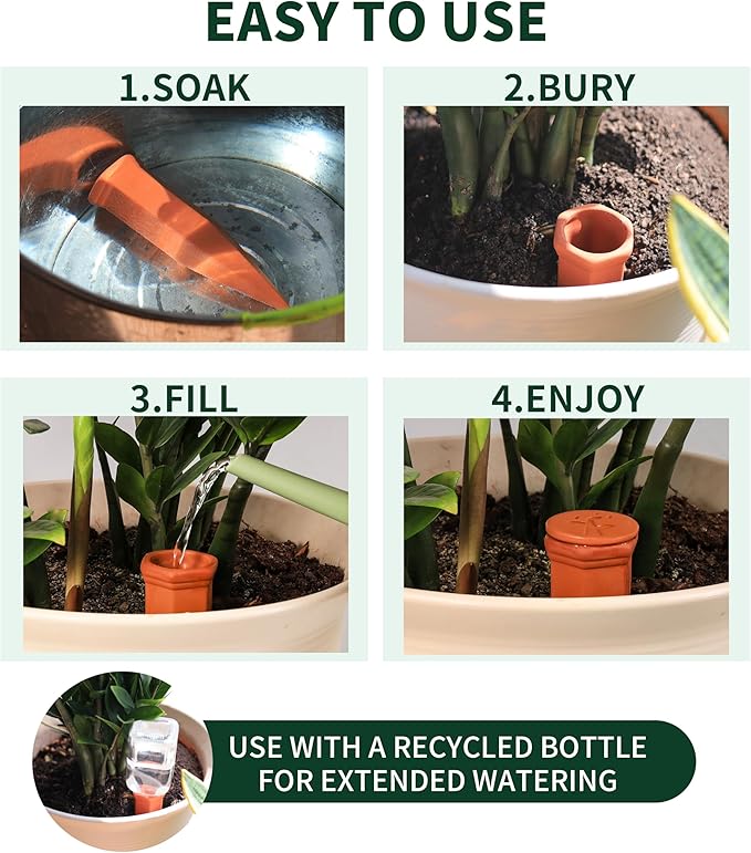 Large Terracotta Watering Spikes with Lids, Automatic Plant Waterer Outdoor | Indoor, Vacation Friendly Clay Plant Watering Devices System, Slow Release Self Watering Planter Insert, 4 Pack