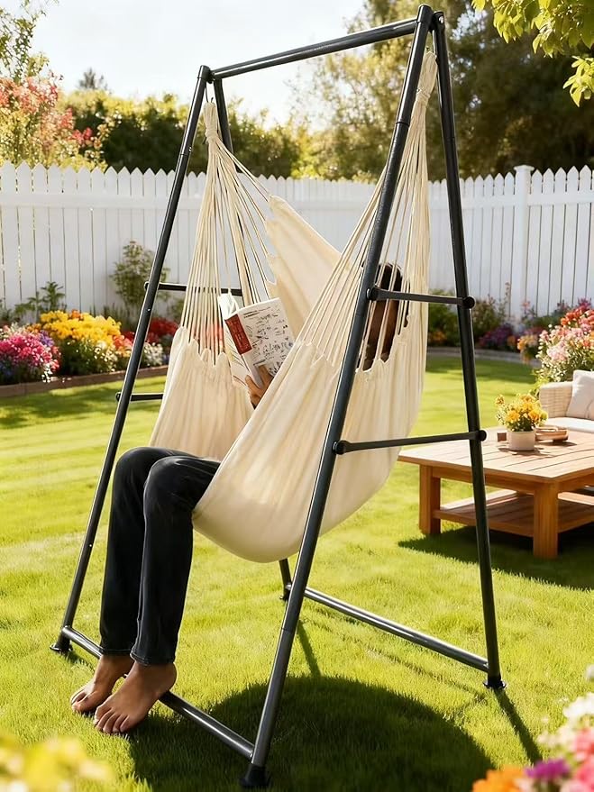 Hammock Chair Stand with X-Large Swing Chair with Footrest，Anti-Tip Thickened Weather-Resistant Iron Pipe Swing Frame, 450Lbs Stand Capacity Quick Assembly for Indoor Outdoor (White)