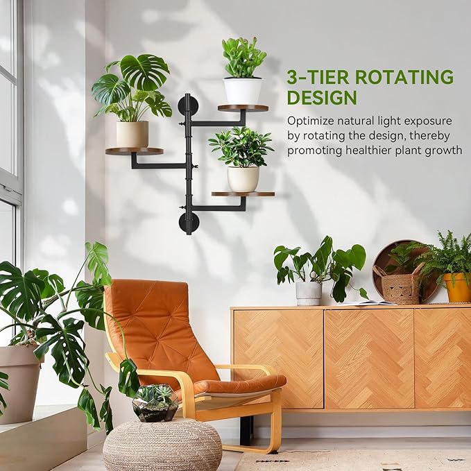 Wooden Rotatable Window Sill Plant Stand, 3 Tier Wall Plant Holder, 180 Degree Rotating Plant Rack, Mid-Century Wooden Style Plant Stand for Indoor and Outdoor Decoration (black)