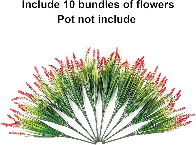 HyeFlora Artificial Fake Flowers Outdoor Plants for Summer Decoration,10 Bundles Faux Plastic Tall Monkey Grass Greenery UV Resistant Realistic Lavender for Home Planter Window Porch Garden-Red
