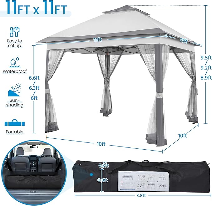 Yaheetech 11x11 Pop Up Gazebo Outdoor Canopy Shelter, Instant Patio Gazebo Sun Shade Canopy Tent with 4 Sandbags, 2 Tiers Roof & Mesh Netting for Lawn, Garden, Backyard & Deck, Gray