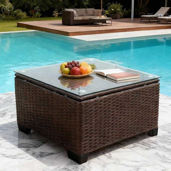 Wicker Patio Furniture - Square Outdoor Coffee Table, with Tempered Glass Tabletop & Rust-Resistant Coated Steel Frame, Compatible with Sectional Sofas, Ideal for Garden, Pool, Balcony, Black