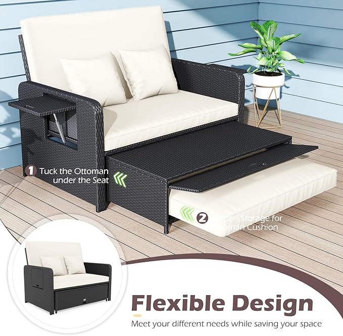 Tangkula Patio Rattan Daybed with 4-Level Adjustable Backrest, Outdoor PE Wicker Loveseat with Storage Ottoman & Folding Side Tray, Double Sunbed Lounger for Balcony, Backyard & Poolside (White)