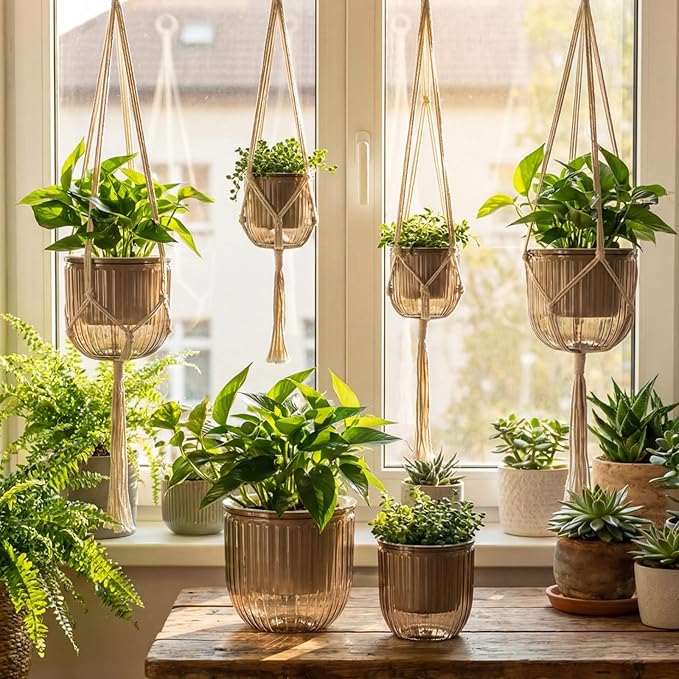6 Pack Self Watering Hanging Planters Indoor Flower Pots(4.5 +6.5) Visible Water Level Markers 3 Hanging Ropes with Drainage Holes for Indoor Outdoor Garden Home Decor Supplies(Grey)