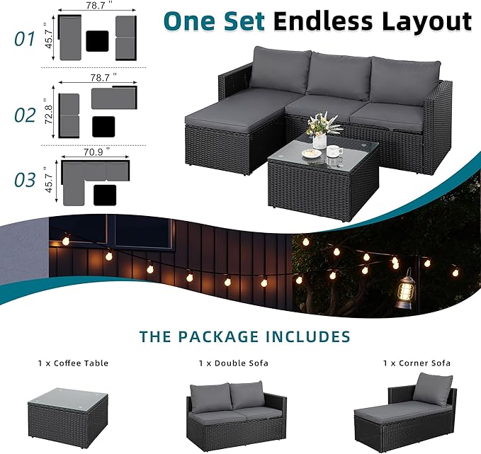 3-Piece Outdoor Patio Sectional Sofa Set with Glass Coffee Table & Ottoman — All-Weather PE Rattan Conversation Furniture, Black Rattan & Grey Cushions, Perfect for Garden, Backyard, Deck, Grey