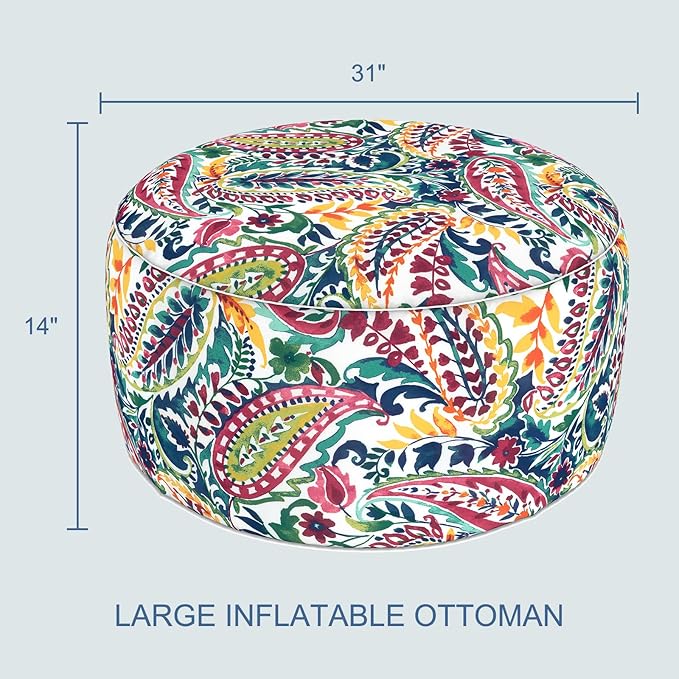 LVTXIII Indoor/Outdoor Extra Large Inflatable Ottoman Pouf D31 x H14 Inch, Round Footstool with Handle, Weather-Resistant Portable Furniture for Patio, Camping, Beach, Vigour Paisley
