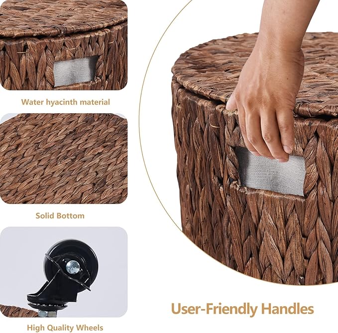 Wimarsbon Round Pouf Ottomans, Handwoven Natural Water Hyacinth Seagrass Pouffe,Outdoor Rattan Stool Accent Seat, Bohemian Coastal Home Decor (Storage Ottoman - Dark Water Hyacinth Braid)