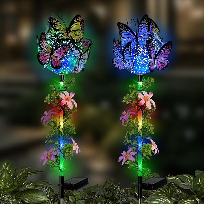 Solar Lights Outdoor Pathway,2 Pack Butterfly with Ball Garden Stakes,Colorful Twinkle Fairy Lights Decorations Outdoor for Yard,Lawn,Spring