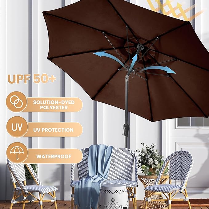 Ayge 9FT Large Outdoor Patio Umbrella Market Table Umbrella-UV Resistant, Easy Push Button Tilt and Crank, 8 Sturdy Fiberglass Ribs Heavy-Duty Pool Umbrella for Deck, Backyard,Garden,Brown