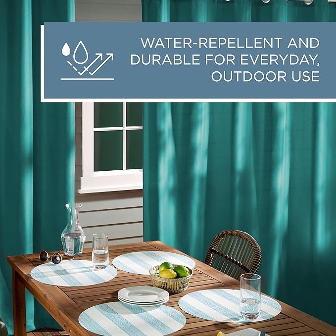 TOWN & COUNTRY BASICS Cabana Solid Heavyweight Indoor Outdoor Curtains, Light Filtering Opacity with Grommet Top, Water Repellent, 2-Pack Set, 54"x96", Dark Teal