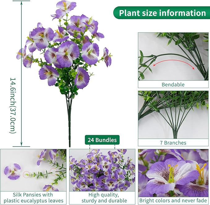 24 Bundles Artificial Pansy Flowers for Outdoor, Faux Silk Pansies Spring Flowers Outside for Planter Front Door Porch Yard Patio Window Box Home Decor (White Purple)