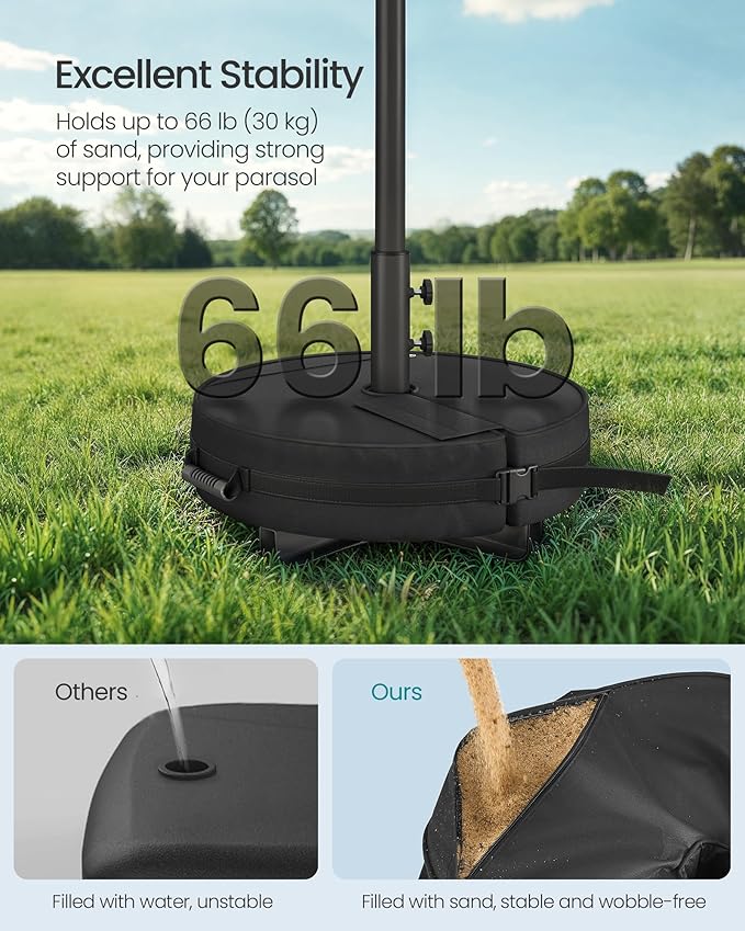 SONGMICS Umbrella Base, Round Patio Umbrella Stand, Sand Fillable Bag 66 lb, for 5-10 ft Umbrellas, Heavy-Duty, for Poles of Different Diameters, Oudoor Beach Lawn, Black UGUB0041B01