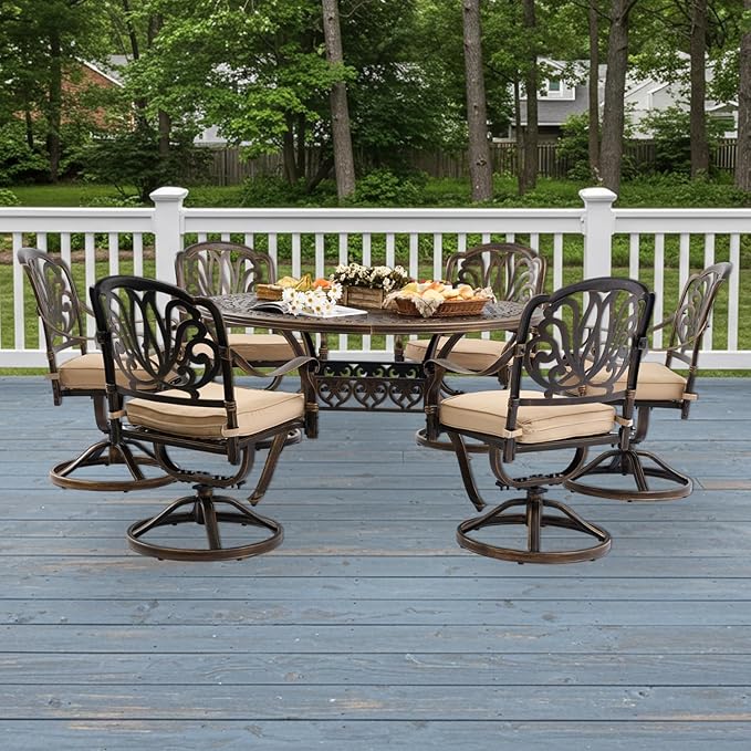 7-Piece Cast Aluminum Patio Furniture, Patio Dining Set for 6 Include 54" Round Outdoor Dining Table and 6 Swivel Chairs with Cushions & Umbrella Hole (Bronze)