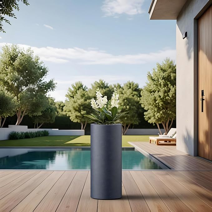 Kante 18.9 Inch Tall Cylindrical Planter, Large Round Plant Pots with Drainage Hole, Made with Concrete, Suitable for Indoor Outdoor Plants, Home Decor, Charcoal