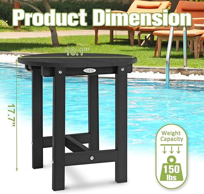 Y&M Outdoor Side Table, Waterproof Four-Legged Round Entryway End Table, Single-Tier HDPE Modern Small Coffee Nightstand for Bedroom, Living Room, Patio, Indoor or Outdoor Use, Black