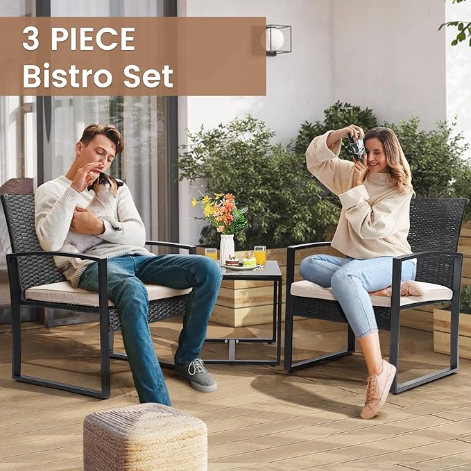 3 Piece Wicker Patio Bistro Set, Rattan Conversation Set with Coffee Table, for Balcony, Porch, Garden, Yard, Poolside, Black Frame with Beige Cushion