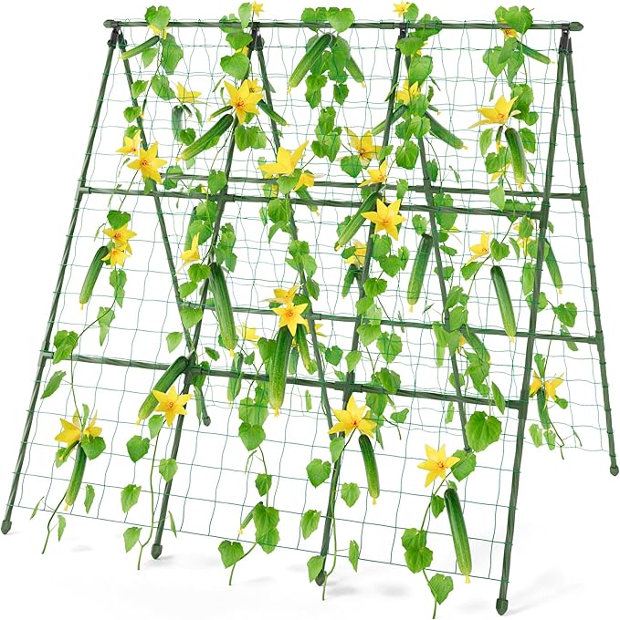 Miory Cucumber Trellis for Raised Beds, 48 x 48 Inch Metal A-Frame Garden Trellis for Climbing Plants Outdoor with Climbing Net, Plant Support for Cucumber Tomato Bean Pea
