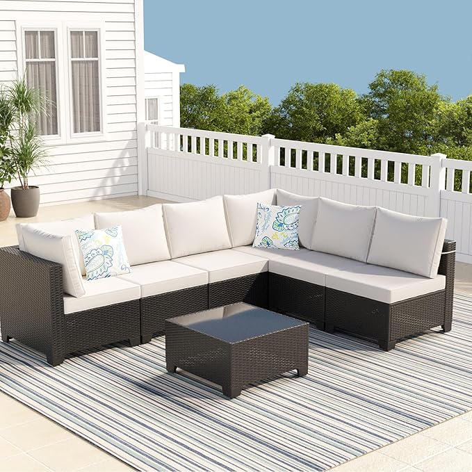 Outdoor Wicker Patio Furniture Set, Rattan Sectional Sofa Set with Thick Cushions (Coffee/Beige, 7 Piece Sofa Set)