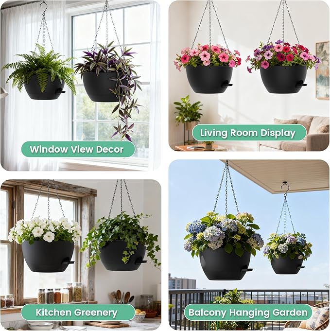 13 Inch 2 Pack Large Self Watering Hanging Planters for Indoor Outdoor Plants, Hanging Plant Pots with Removable 50 Oz Reservoir, Plastic Hanging Basket for Window Porch Garden Balcony, Black