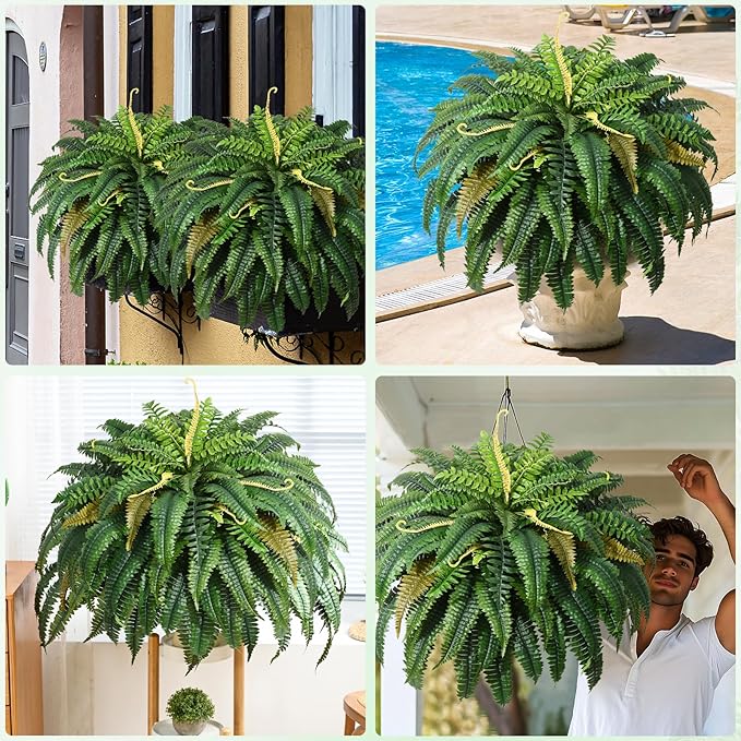 MARTINE MALL 2Pcs 48'' Fake Ferns Artificial Ferns for Outdoors Look Real, 88 Branches Large Faux Boston Fern for Outdoor Planter Realistic UV Resistant Hanging Artificial Fake Plants for Porch Patio