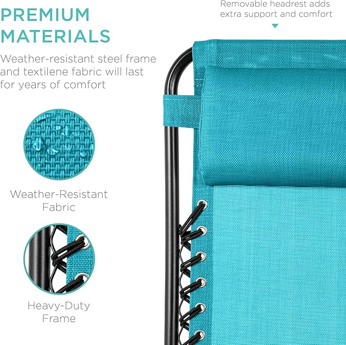 Best Choice Products Set of 2 Adjustable Steel Mesh Zero Gravity Lounge Chair Recliners w/Pillows and Cup Holder Trays - Peacock Blue