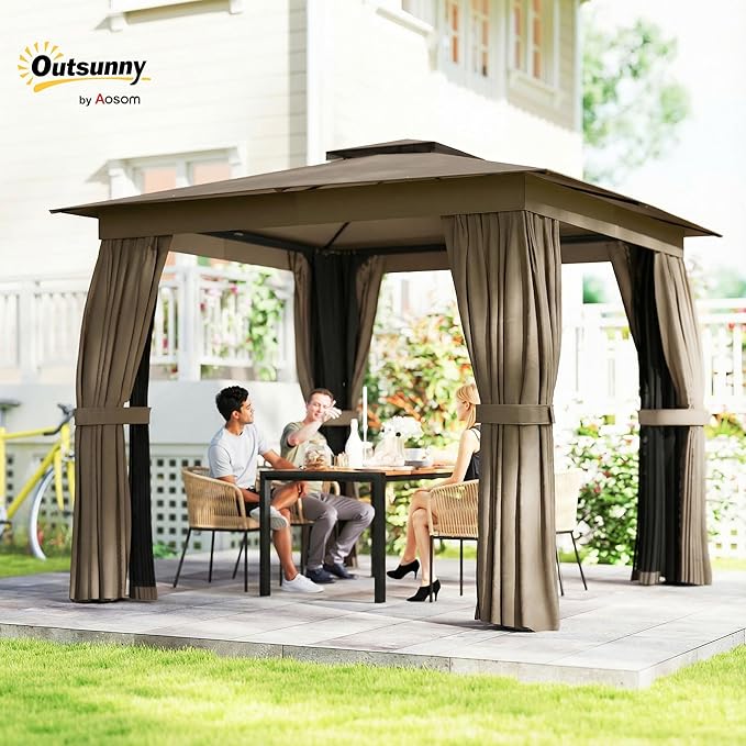 Outsunny 10' x 10' Outdoor Patio Gazebo, Heavy Duty Gazebo Canopy Shelter with Double Roof, Curtains, Netting, Steel Frame, UPF30+ Protection, Ceiling Hook for Lawn, Backyard, Deck, Khaki