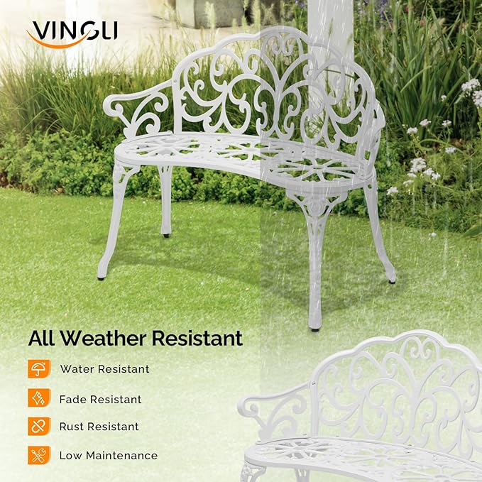 VINGLI 38.5" Patio Park Garden Outdoor Metal Rose Bench, 2-Person Cast Iron Cast Aluminium Frame Antique Finish Chair,Accented Lawn Front Porch Path Yard Decor Deck Furniture (White, Butterfly)