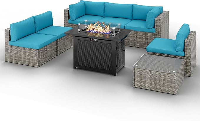 8 Pieces Outdoor Patio Furniture Set with 43" Fire Pit Table, Wicker Outdoor Patio Sectional Sofas with Coffee Table and Cushions, All-Weather Patio Conversation Set for Garden Backyard, Light Blue