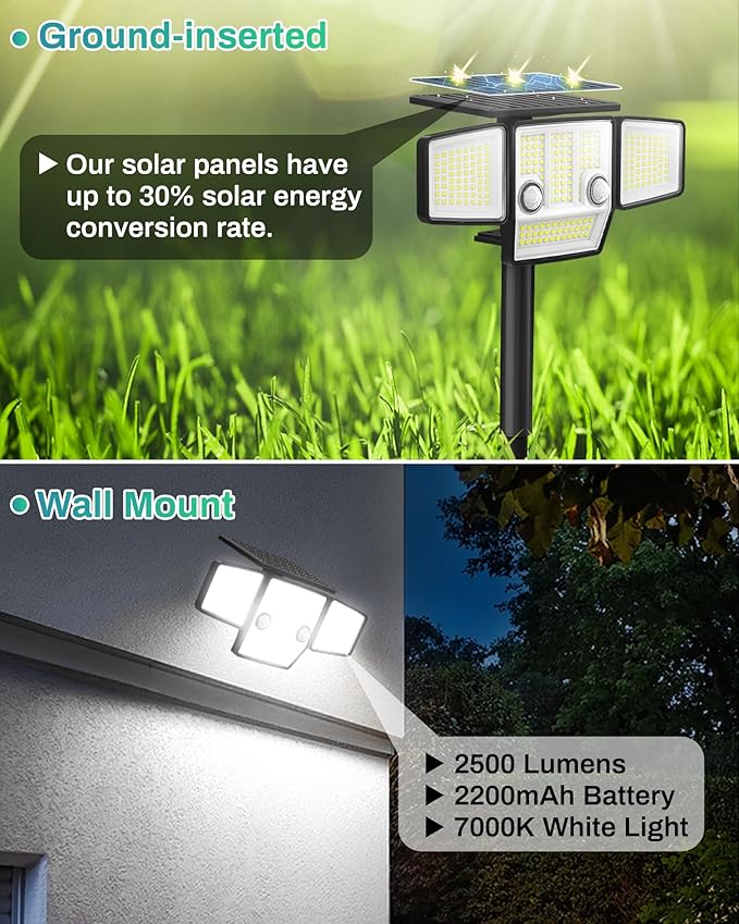 Solar Motion Light Outdoor with Stake, 180° PIR Motion Sensor 360° Illumination, In-Ground or Wall Mount, 236 LED 2500 Lumens Solar Powered Security Flood Light, 3 Modes, IP65 Waterproof, 1 Pack