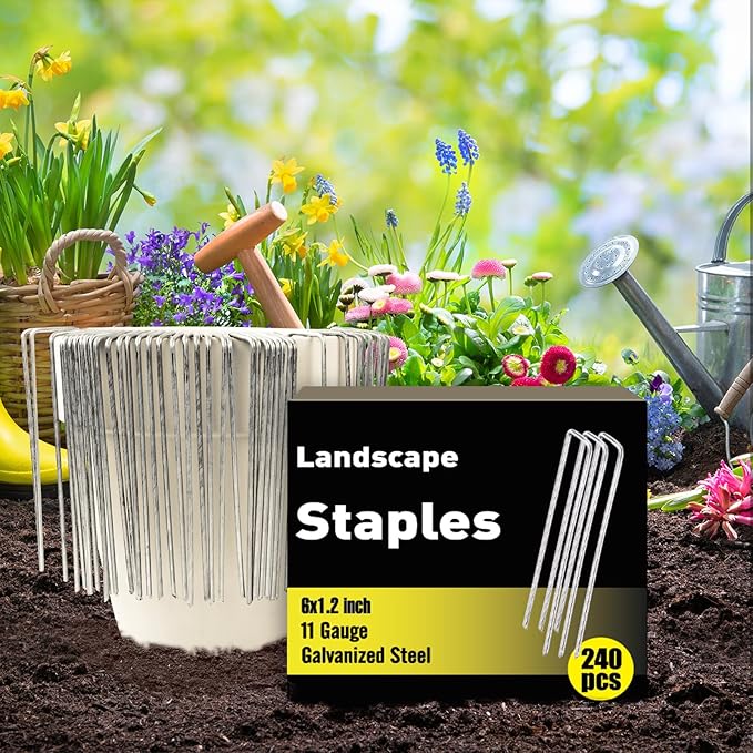 HongWay 240 Pack 6 Inch Landscape Staples, Garden Stakes Galvanized Tent Stakes Heavy Duty 11 Gauge SOD Landscaping Fabric Pins Yard Ground Lawn Staples for Plant Cover, Turf, Fence, Grass Decoration