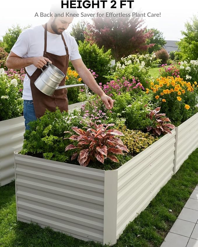 CABIHOME 2 Pcs 8x4x2 Ft Galvanized Raised Garden Bed, Deep Root Planter Box for Vegetables, Flowers, Herbs- Large Metal Raised Garden Bed Kit for Outdoor Use, Beige