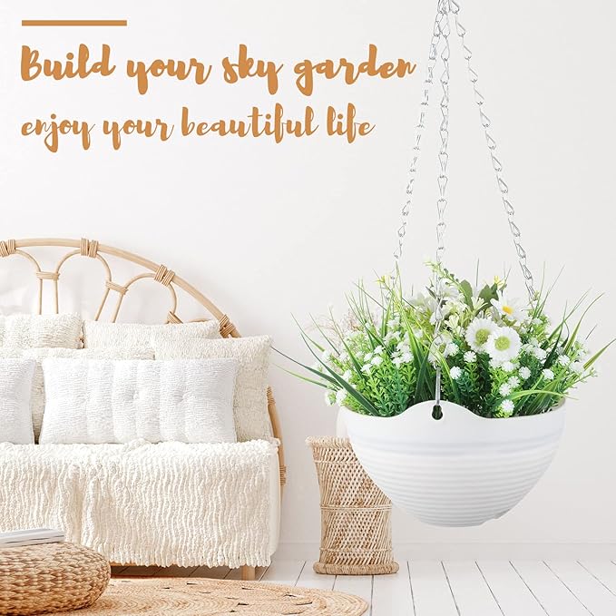 Zopeal 16 Pack Self Watering Hanging Planters 8 Inch Garden Flower Plant Pot Container with Drainer and Chain Round Hanging Pot Plant Basket for Indoor Outdoor Plants (White)