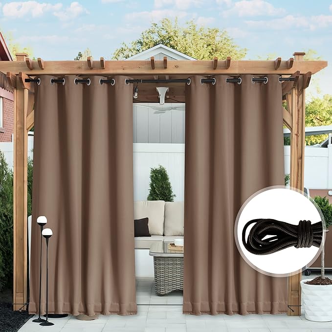NICETOWN 2 Panels Weighted Blackout Curtains Patio Waterproof Outdoor Curtains, Thermal Insulated Top & Bottom Grommet & Back Tab Wind-Break Drapes Privacy for Pergola, W52 by L120, Tan