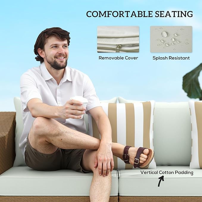 Outsunny 3 Seater Patio Sofa, Wicker Sofa with Cushions, Outdoor Furniture Rattan Couch with 2 Throw Pillows, Deep Seating, for Garden, Backyard, Porch, Light Gray